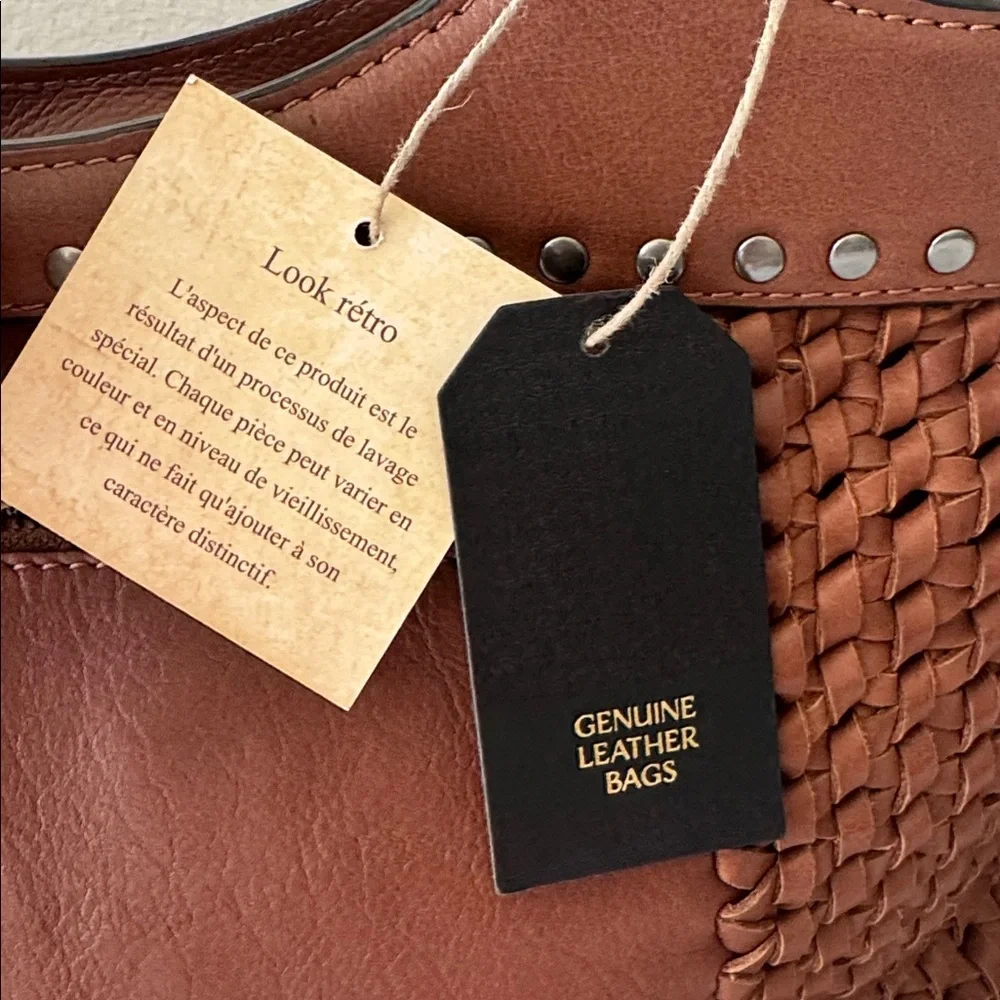 Made in India Woven Brown Leather Med Handbag Crossbody Metal Studs Unique